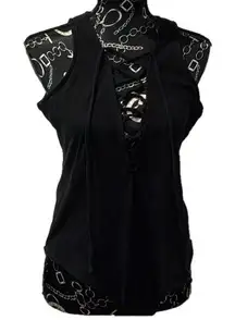 Glamorous Black Faux Velvet Deep Plunge Neck Lace Up Body Suit Crotch‎ Snaps Med