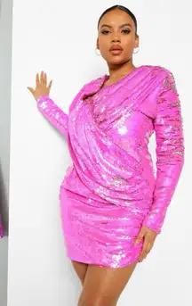 Boohoo Pink Iridescent Sequin Draped Long Sleeve Bodycon Mini Dress Size 14