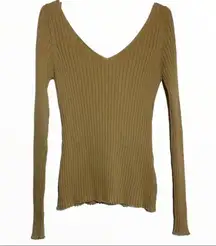 Anna Quan Elsa Ribbed Top 100% Cotton Long Sleeve Plunge V-Neck Low Back Tan 12