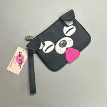 Luv Betsey Johnson Black Wristlet Coin Purse White Puppy Dog Face Ears NWT
