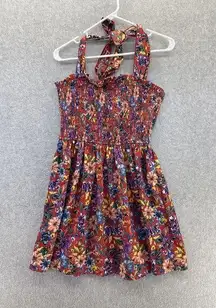 Band of Gypsies Collective Women's Dress Halter Smocked Floral Red Medium Pleats