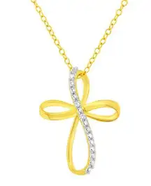 Sterling Silver Brilliant 10K Gold Plated .925  Ribbon Diamond Cross 18' Necklace