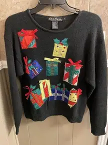 Vintage Work In Progress Black Christmas Sweater Size Large Petite