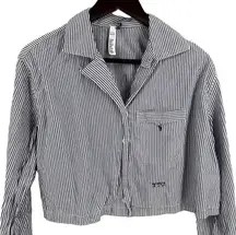 Ralph Lauren Pajama Top Blue Striped Crop Oversized Cotton Sleepwear Women Small