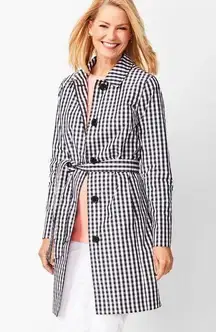 Talbots Womens Gingham Button Front Belted Mac Trench Raincoat Navy White Medium