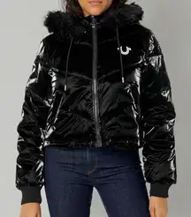 True Religion Women's Faux Fur Hooded Puffer Jacket jet black new M