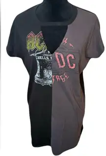 (AC/DC) Split Print Graphic Band V-Neck Mini Dress/Oversized Tee: Size Medium