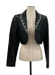 Cache Vintage Leather Jacket Cropped Studded Rhinestones Black Size Medium