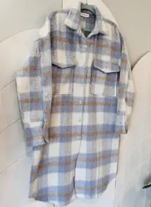 ACOA Plaid Shacket Blue Beige Fuzzy Button Front Chest Pockets Jacket Size S/M