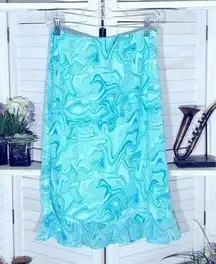 Vintage Y2K abstract art print aqua green teal blue pastels ruffled midi skirt M