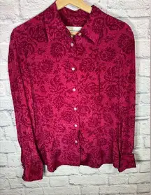 Evan Picone 100% silk maroon red dressy button‎ up floral blouse women’s size 6