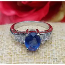 Sterling Silver Cocktail Ring FAS 925 Size 7 Baguette CZ & Blue Center Stone