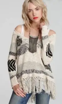 Free People Patchwork Landscape Boho Open Neckline Fringe Sweater, S