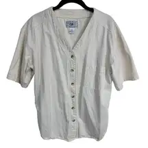 Vintage Vision I Cream Short Sleeve V-Neck Button Front Pocket Shirt Size Medium