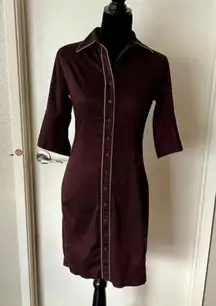 Women’s 3/4 Sleeve Button Down Stretch Sheath Midi Dress Brown Size 5/6