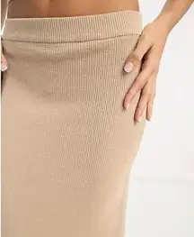 Naked Wardrobe  Ribbed Pencil Midi Skirt Small Bodycon Stretch Shaping Tan