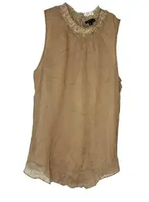 Theory Taupe and Sparkle Silk Sheer Fringe Tank Top With Detailed Collar