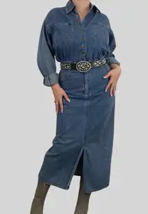 Styles To Go Vintage 90s Blue Denim Western Cowgirl Snap Button Long Sleeve Jean Maxi Dress