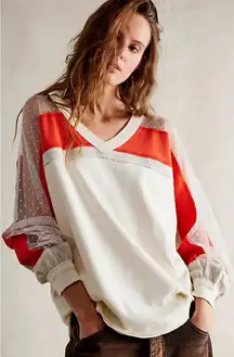 We The Free Roadside Tee Orange Cream Pullover Swiss Dot Mesh Balloon Sleeves‎