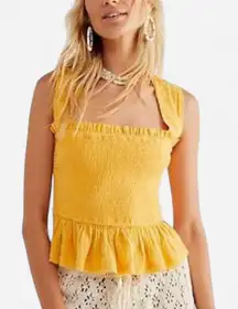 Free People Amani Yellow Open-Back Smocked Peplum Top – Boho Fairy Y2K (Fits S)