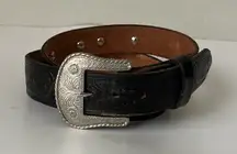 Western Embossed Tooled Leather Metal Detail Handmade Belt Black and Silver