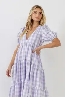 English Factory Tuckernuck Gingham Puff Sleeve Tiered Midi Dress Purple White XS