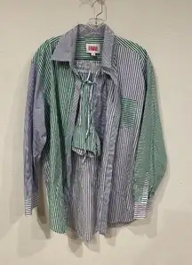 Solid & Striped Shirt Shorts Set Womens M/S Blue Green Patchwork Stripe 2 Piece