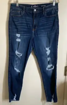 Hollister Dark Wash Ultra Hi Rise Crop Super Skinny Distressed Ripped Jeans #S