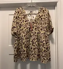 New Entro Brown Tan Leopard V Neck Babydoll Top Size Large Boho Loose Tassels