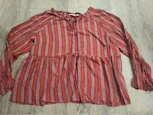 Wonderly  Women's Woven Peasant Style Blouse Shirt Size 1X Dark Red Stripe