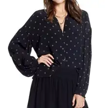 Something Navy Easy Volume black geometric dot button up ruffle sleeve top