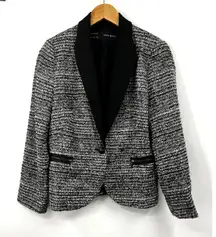 Zara Tweed Blazer One‎ Button Heather Gray Black Long Sleeve Pockets Size Large