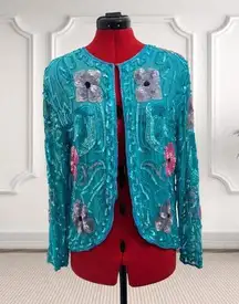 Vintage Jewel Queen Sequin and Silk Floral Embellished Jacket Size S