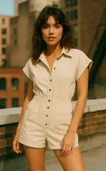 Womens‎ Romper Size S Cream Short Sleeve Button Front Utility Minimalist Casual