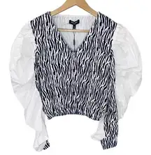 Beulah mixed media velour zebra print v-neck blouse with gathered puff OS