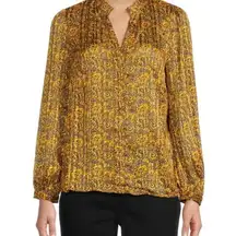 MELLODAY  Floral Metallic Blouse Yellow Gold Button up Size Large