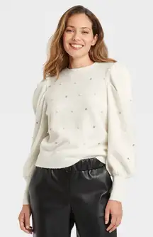 A NEW DAY Embellished Puff Sleeve Crewneck
Sweater in Cream Pearl Gem Size L NWT