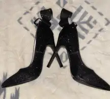 BLACK GLITTER RUFFLE PUMPS Bows Pointy Toe Spike Heel NEW J RENEE