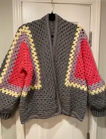 Handmade Crochet Granny Square One Size Cozy Cardigan Boho Chunky Knit Sweater