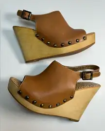 Sam Edelman Camilla Wedge Tan Leather Wood Studded Heel size 8.5 $150 Revolve