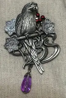 2.75"  Jonette Jewelry Parrot Brooch Tropical Bird Flower Berry Pewter Pin Large