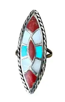 None Vintage Sterling Silver Mother of Pearl Turquoise Southwestern Shield Ring Sz 8