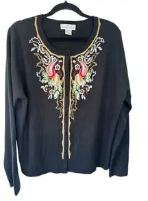 Soft Surroundings Floral Beaded Black Cardigan Size XL Soft‎ Lightweight Preppy