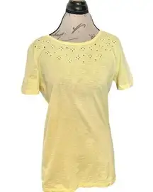 Long Tall Sally Women's Blouse Sz 12 Yellow Short Sleeve Eyelet Pastel Colorful