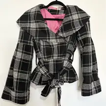 DKNY Jeans Plaid Fall Winter Coat Size XS flare sleeves black and white