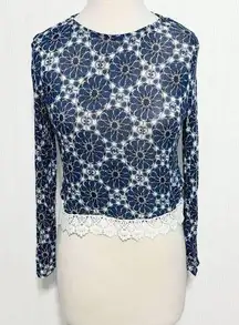 Divided  Women's Argyle Diamond Lace Trim Long Sleeve Crop Top Blue White XS