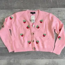 Wowo Embroidered Strawberry Knit Cardigan NEW Womens M Pink Crop Kuwaii Y2K Cute