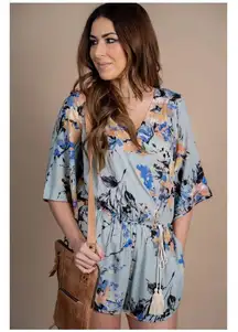 159 Umgee Green Blue Floral Flowy Cottagecore Romantic Shorts Romper Small