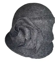 Fall/Winter Gray 100% Wool Ladies Cloche Women’s Bucket Hat Floral Rosette OS