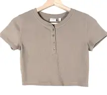 Sunday Best Waffle Knit Crop Top Button Neck Short Sleeve Taupe Size S